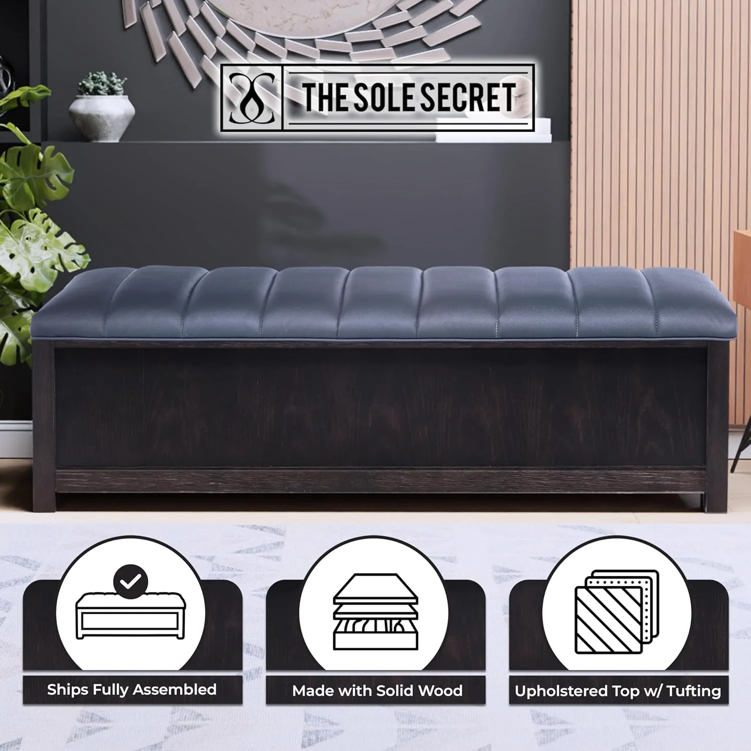 50" Wide Shoe Storage Bench Organizer, Holds 18  Pairs of Shoes & Sneakers, Mudroom, Bedroom Furniture, Entryway Organization, Mid Century Design, Leather Charcoal Gray