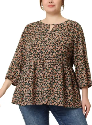 Agnes Orinda Women's Plus Size Tops 3/4 Sleeves Babydoll Chiffon Keyhole Floral Flowy Tops Blouses 2024 Shirt