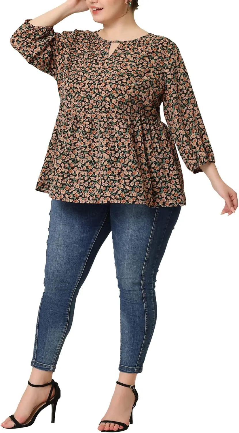 Agnes Orinda Women's Plus Size Tops 3/4 Sleeves Babydoll Chiffon Keyhole Floral Flowy Tops Blouses 2024 Shirt