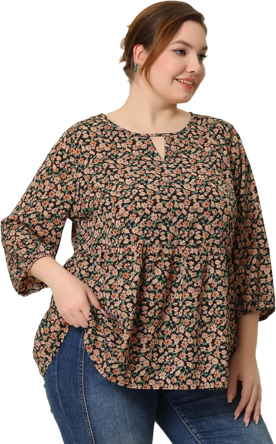 Agnes Orinda Women's Plus Size Tops 3/4 Sleeves Babydoll Chiffon Keyhole Floral Flowy Tops Blouses 2024 Shirt