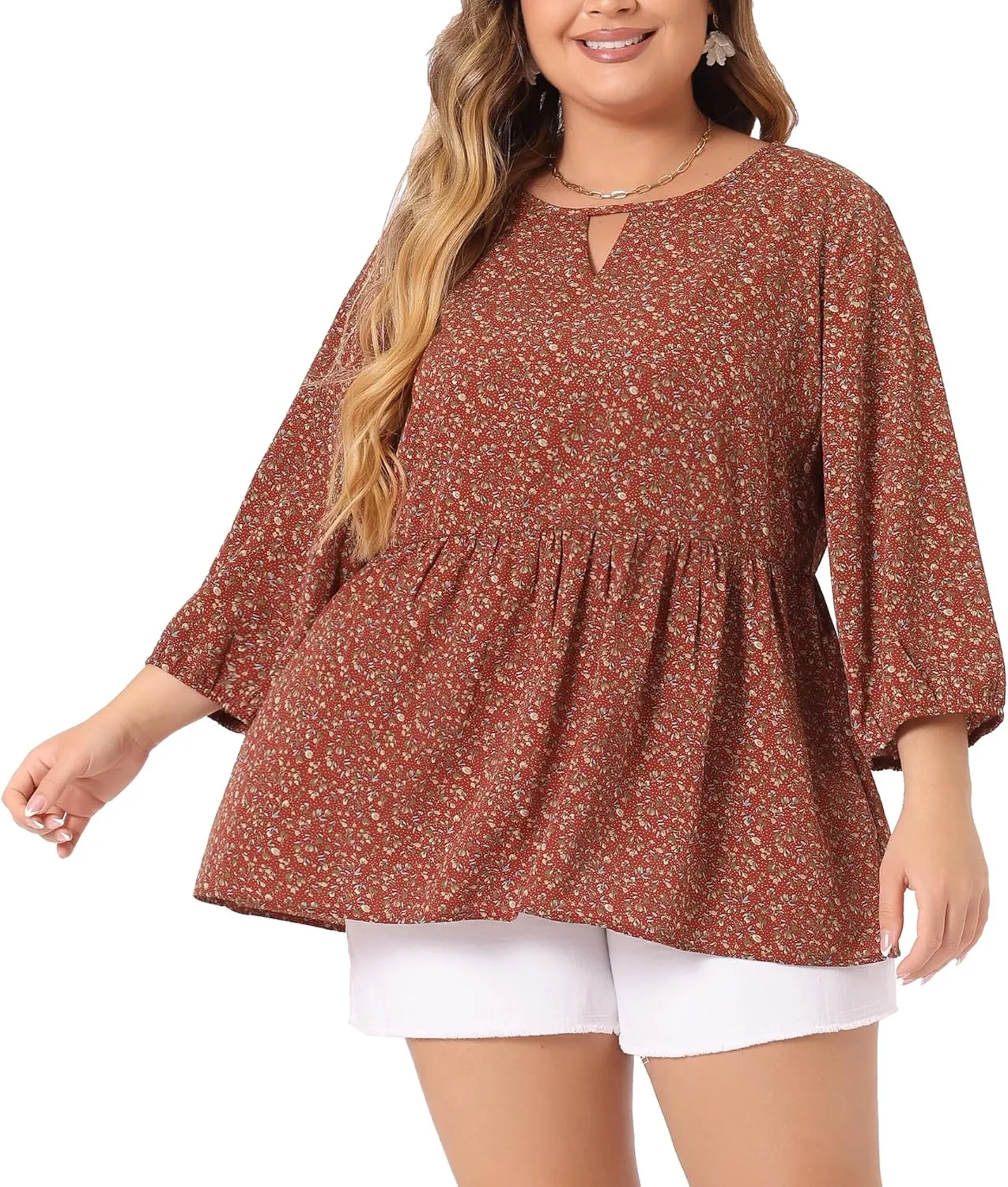 Agnes Orinda Women's Plus Size Tops 3/4 Sleeves Babydoll Chiffon Keyhole Floral Flowy Tops Blouses 2024 Shirt