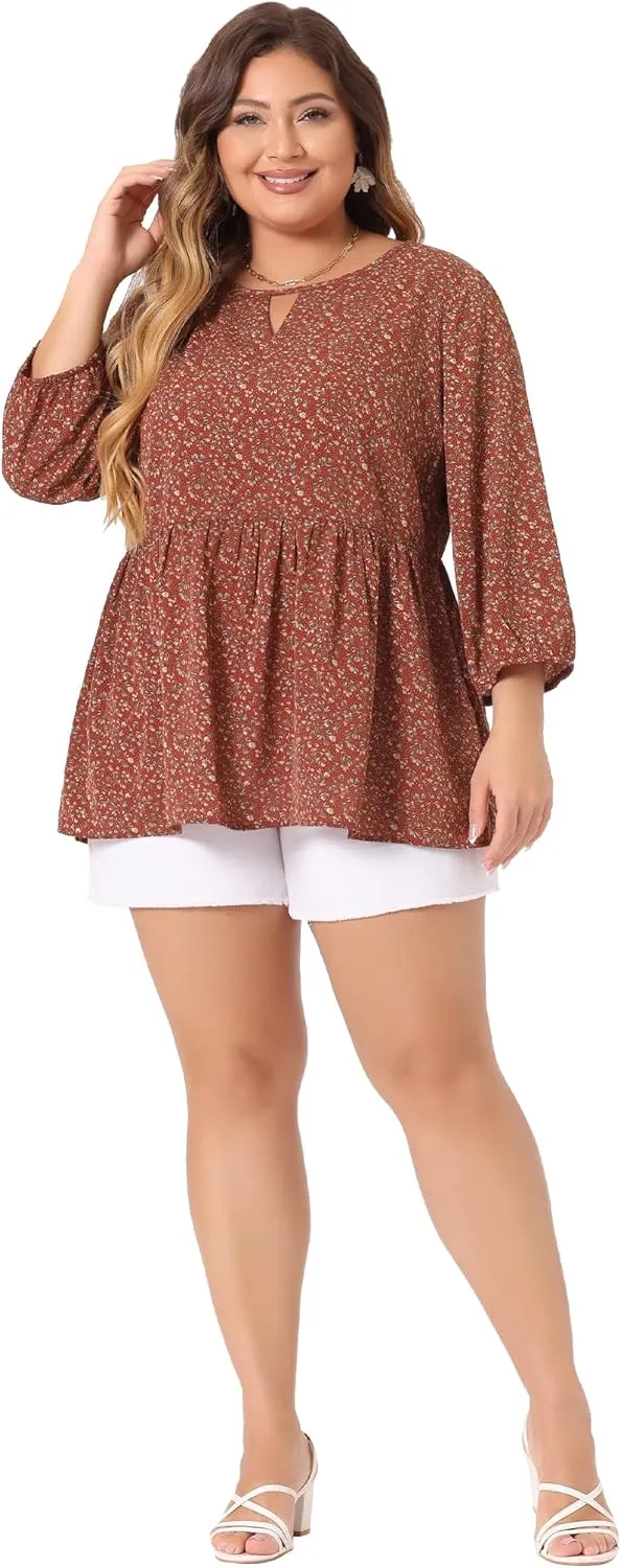 Agnes Orinda Women's Plus Size Tops 3/4 Sleeves Babydoll Chiffon Keyhole Floral Flowy Tops Blouses 2024 Shirt