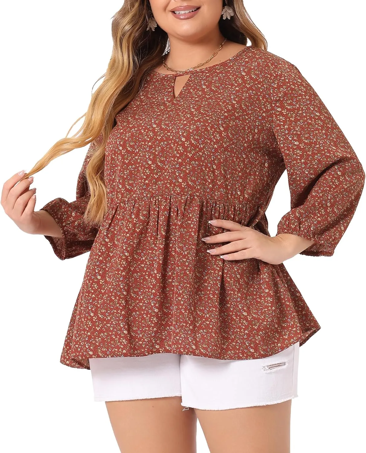 Agnes Orinda Women's Plus Size Tops 3/4 Sleeves Babydoll Chiffon Keyhole Floral Flowy Tops Blouses 2024 Shirt