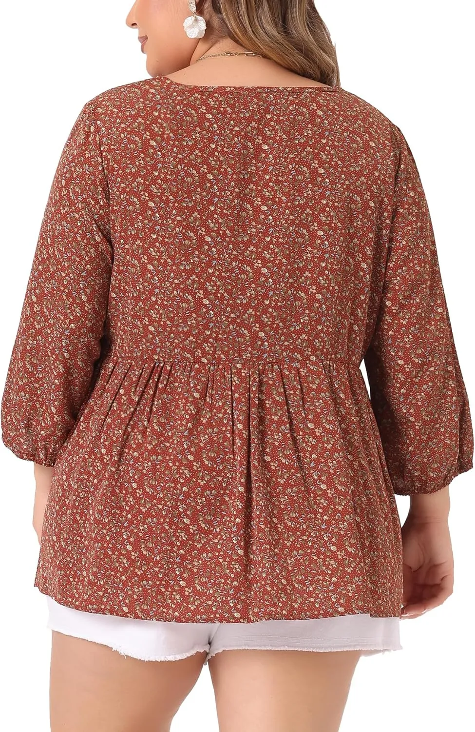 Agnes Orinda Women's Plus Size Tops 3/4 Sleeves Babydoll Chiffon Keyhole Floral Flowy Tops Blouses 2024 Shirt