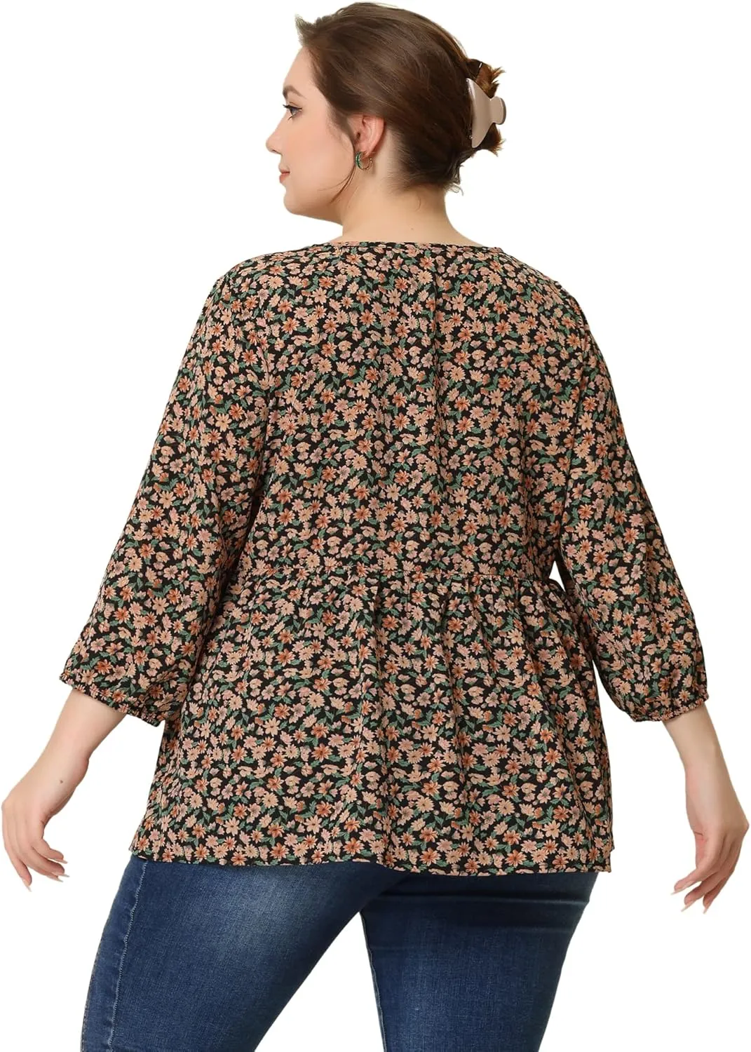 Agnes Orinda Women's Plus Size Tops 3/4 Sleeves Babydoll Chiffon Keyhole Floral Flowy Tops Blouses 2024 Shirt