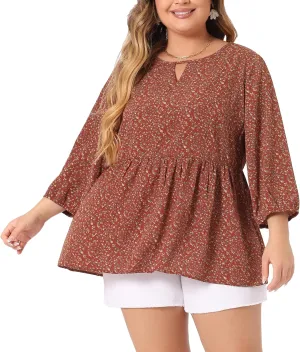 Agnes Orinda Women's Plus Size Tops 3/4 Sleeves Babydoll Chiffon Keyhole Floral Flowy Tops Blouses 2024 Shirt