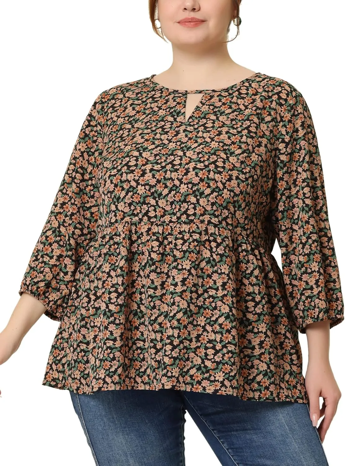 Agnes Orinda Women's Plus Size Tops 3/4 Sleeves Babydoll Chiffon Keyhole Floral Flowy Tops Blouses 2024 Shirt