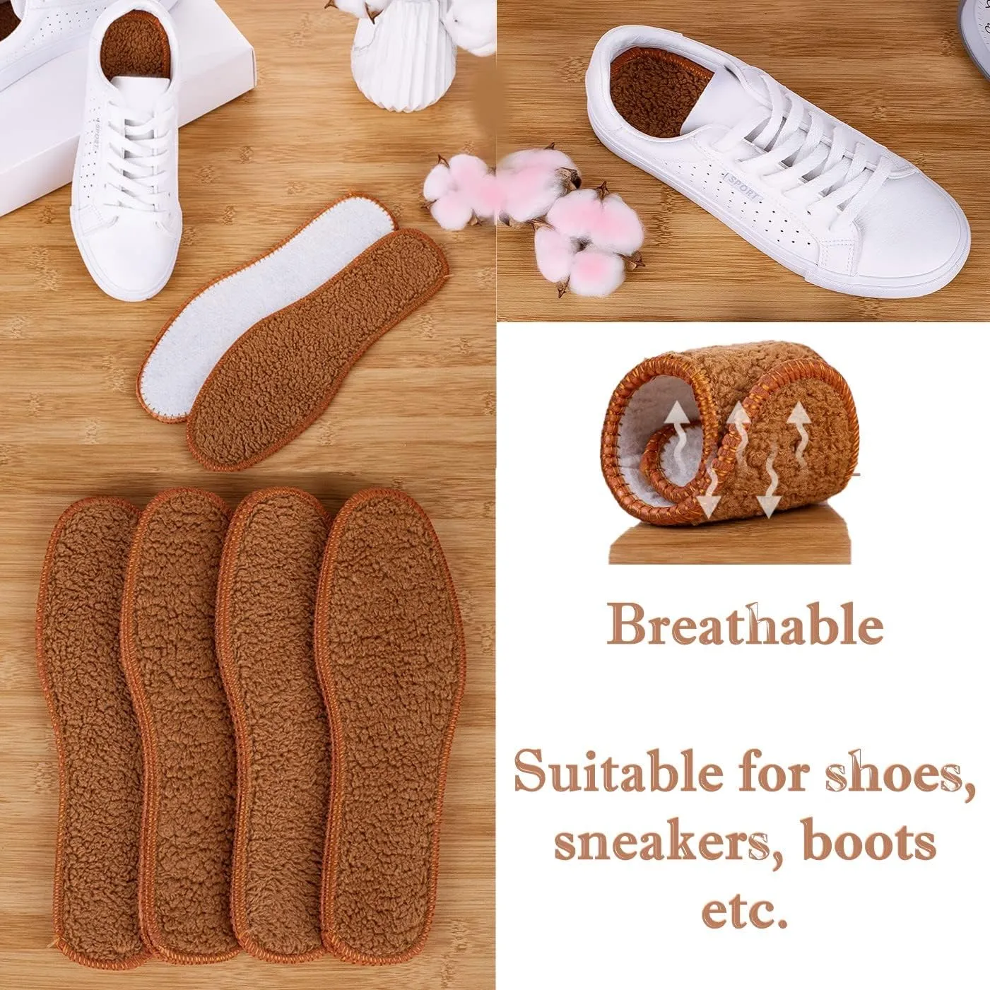 Alpaca Wool Warm Insole for Shoe Footwear 10 Pairs – Breathable and Sweat Absorbing Water Resistant Non-Slip Sheepskin Insoles for Snow Cold Winter Days (36)