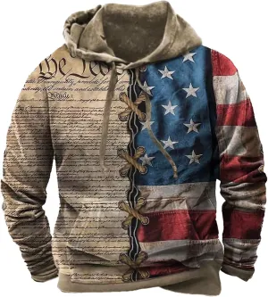 American Flag Patriotic Hoodies Mens Vintage Tribal Aztec Graphic Sweatshirts Big&Tall Washed Distressed Pullover Tops
