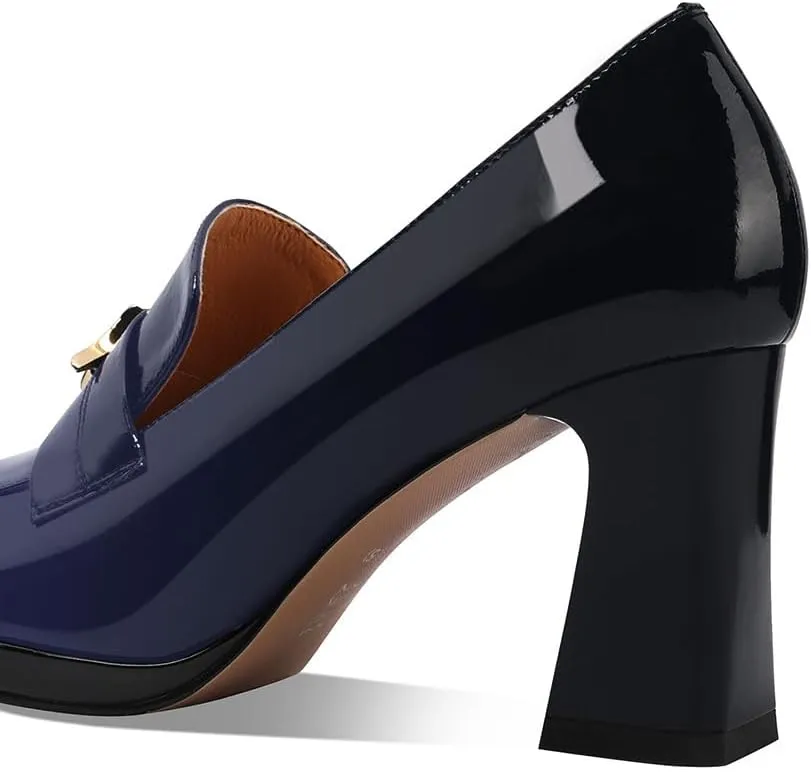 anteikira Women's High Heel Loafers Closed Round Toe Slip On Platform Pumps Chunky Block Heel Comfortable Formal Dressy Penny Loafer for Women
