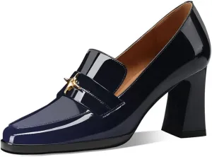 anteikira Women's High Heel Loafers Closed Round Toe Slip On Platform Pumps Chunky Block Heel Comfortable Formal Dressy Penny Loafer for Women