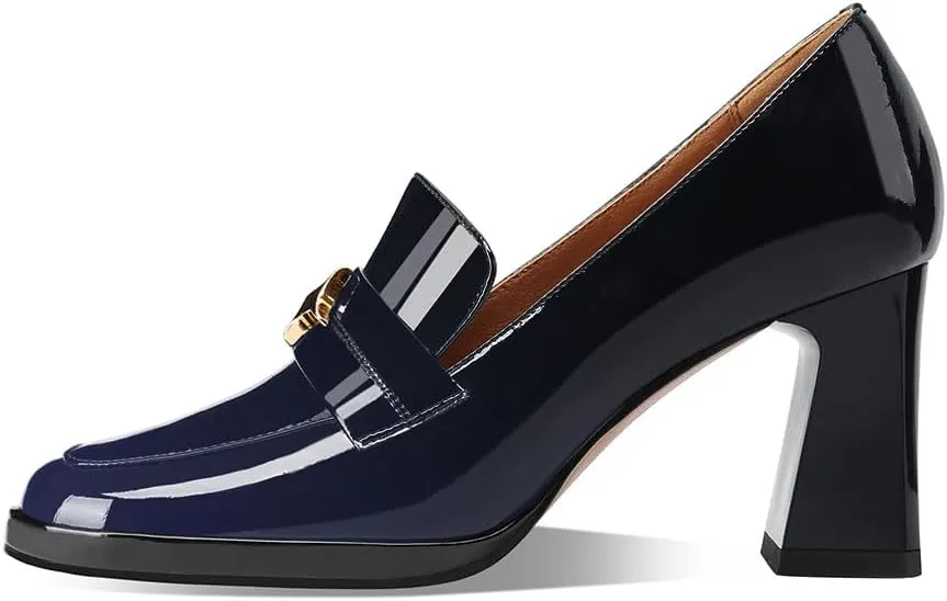 anteikira Women's High Heel Loafers Closed Round Toe Slip On Platform Pumps Chunky Block Heel Comfortable Formal Dressy Penny Loafer for Women