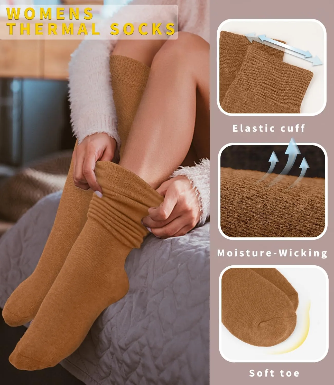 Aoliks Warm Knee High Socks for Women,Cotton Thermal Socks for Hiking Skiing Winter Gifts