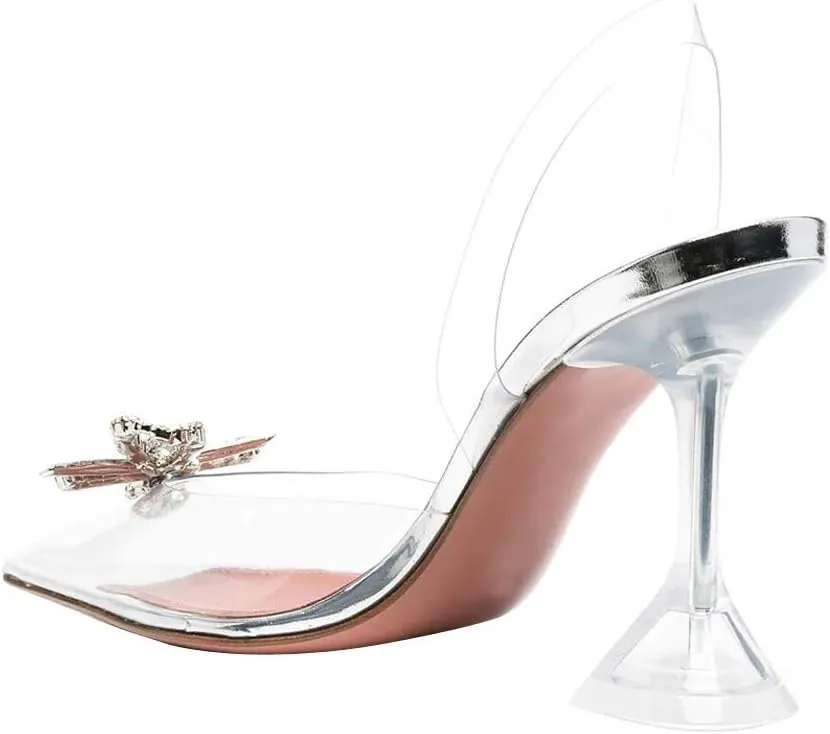 Arqa Clear Heels for Women Pointed Toe Transparent PVC Sandals with Crystal Slingback Stilettos Dress Pumps