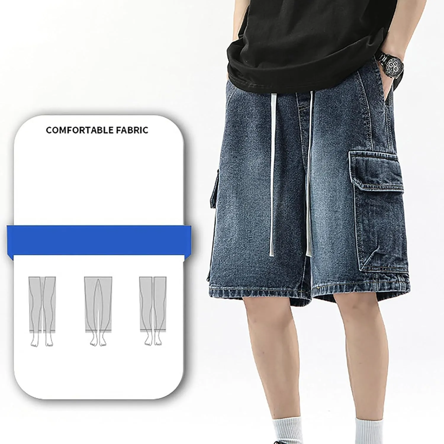 Baggy Jean Shorts for Men Summer Casual Loose Fit Y2K Hip Hop Skateboard Denim Shorts with Pockets