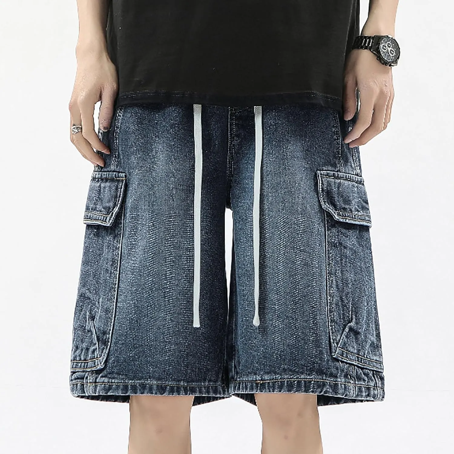 Baggy Jean Shorts for Men Summer Casual Loose Fit Y2K Hip Hop Skateboard Denim Shorts with Pockets