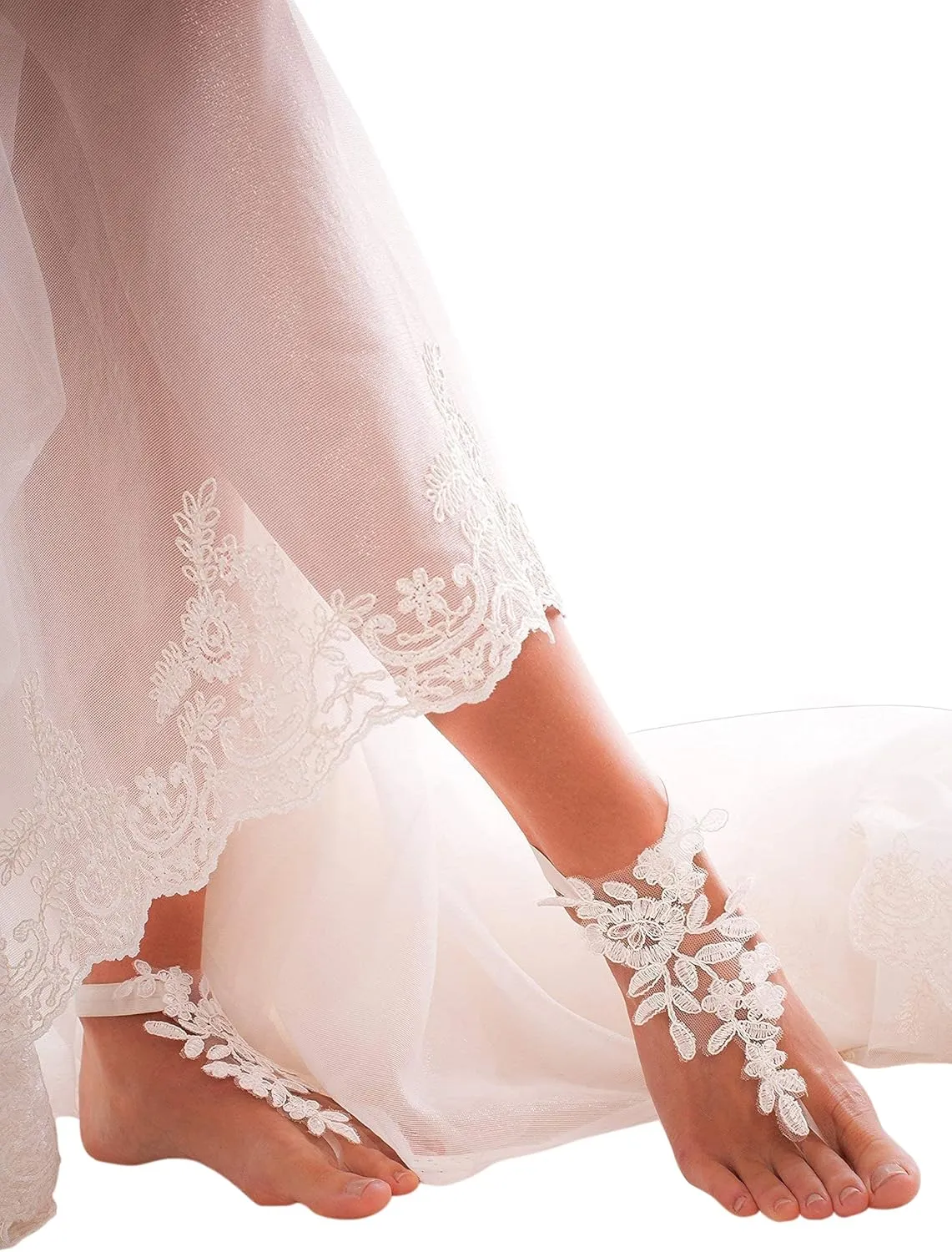 Barmine Ivory Lace Barefoot Sandals, Bridal accessory, Elastic anklet, one size, 1 pair