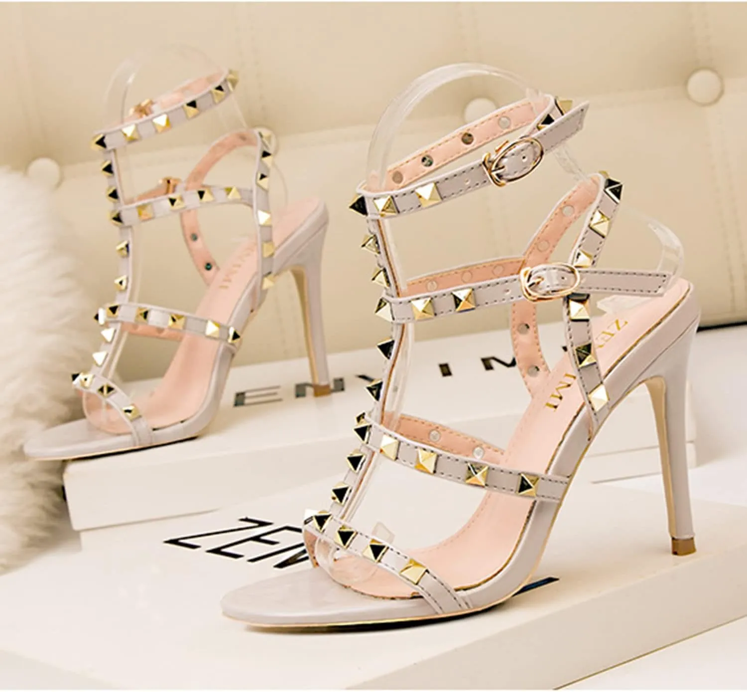 bbruriy Women's Rivet High Heels Stiletto Sandals Slingback Open Toe Studded T-Strap Summer Party Daily Wear Evening Sandals Ankle Strap Dress Shoes 10Cm/4Inch