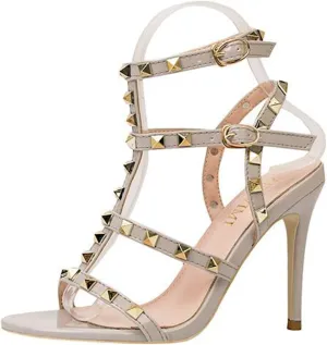 bbruriy Women's Rivet High Heels Stiletto Sandals Slingback Open Toe Studded T-Strap Summer Party Daily Wear Evening Sandals Ankle Strap Dress Shoes 10Cm/4Inch