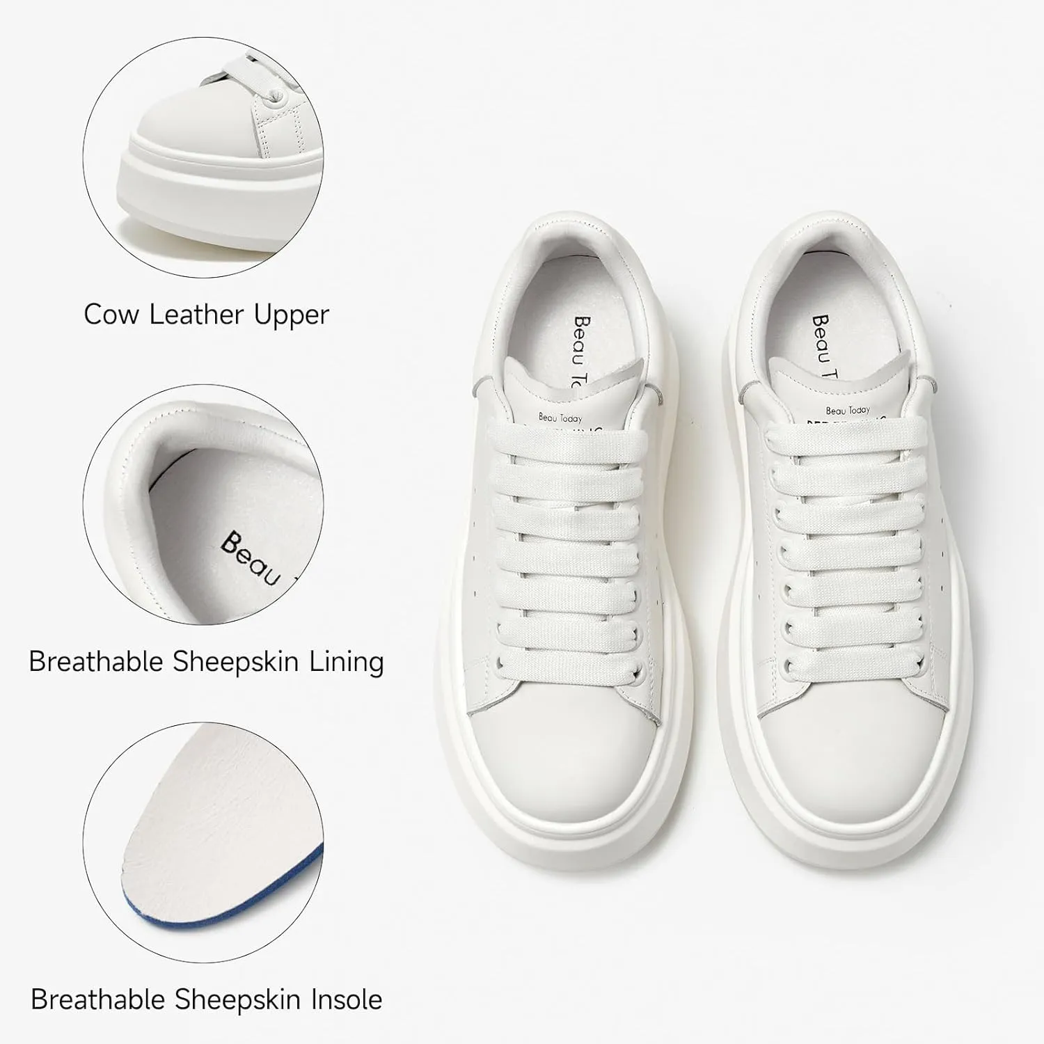 BEAU TODAY Platform White Sneakers for Women, Womens Leather Casual Tennis Shoes, Chunky Fashion Cute Comfortable Lace-up Slip-on Dress Sneakers