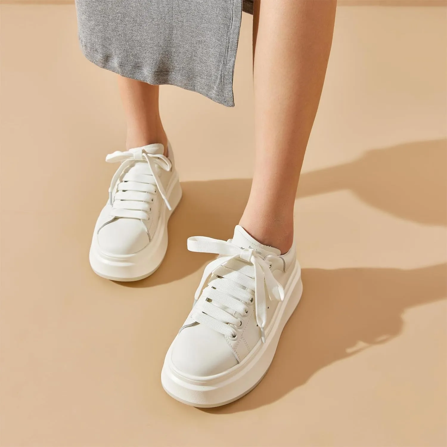 BEAU TODAY Platform White Sneakers for Women, Womens Leather Casual Tennis Shoes, Chunky Fashion Cute Comfortable Lace-up Slip-on Dress Sneakers