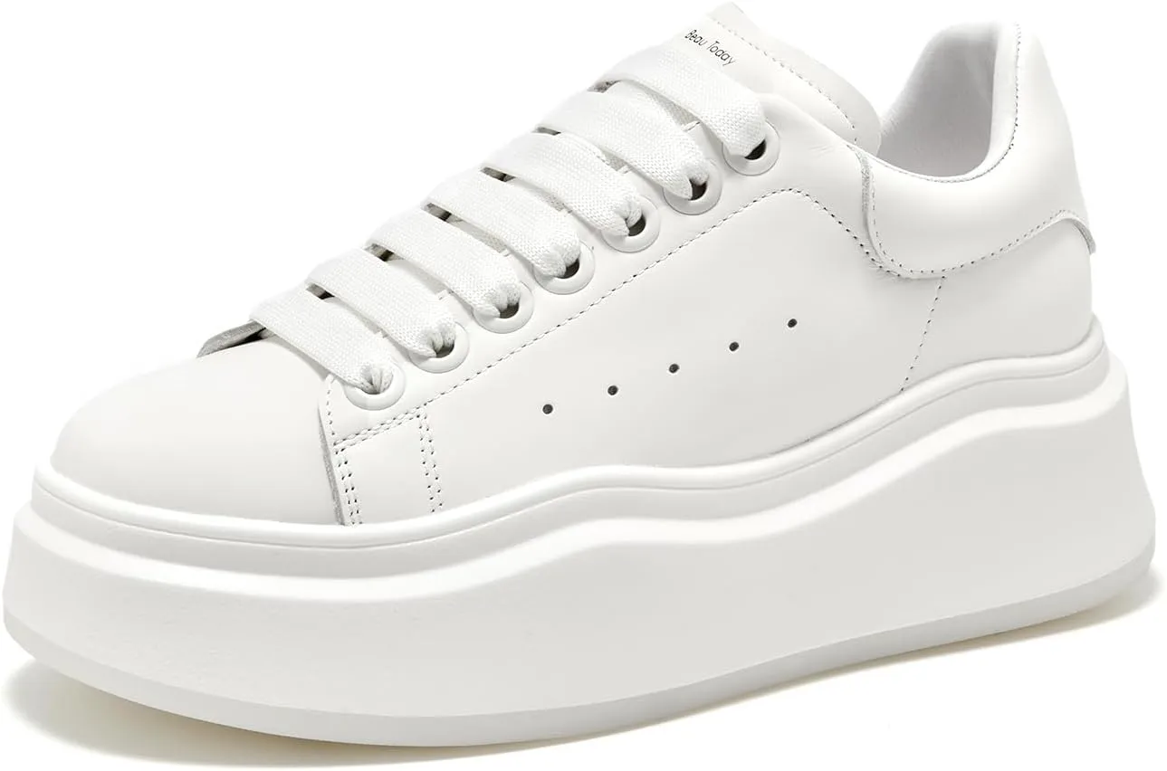 BEAU TODAY Platform White Sneakers for Women, Womens Leather Casual Tennis Shoes, Chunky Fashion Cute Comfortable Lace-up Slip-on Dress Sneakers
