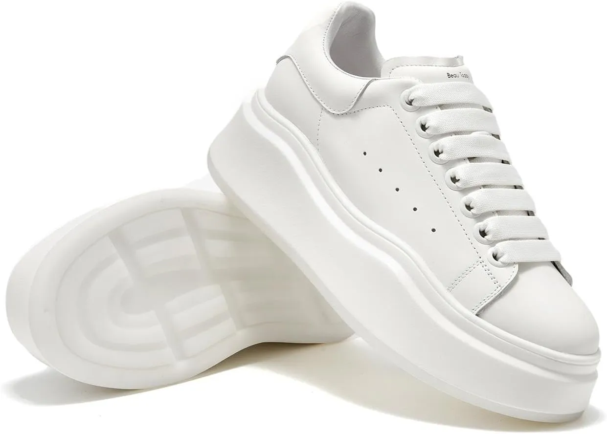 BEAU TODAY Platform White Sneakers for Women, Womens Leather Casual Tennis Shoes, Chunky Fashion Cute Comfortable Lace-up Slip-on Dress Sneakers