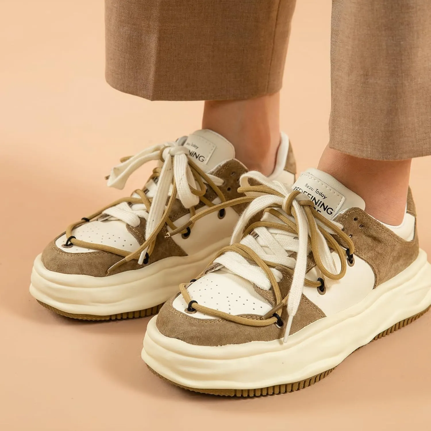BEAU TODAY Women's Platform Fashion Sneakers, Chunky Sneakers for Women, Lightweight Comfortable Walking Shoes Lace Up Casual Shoes for Outdoor Work