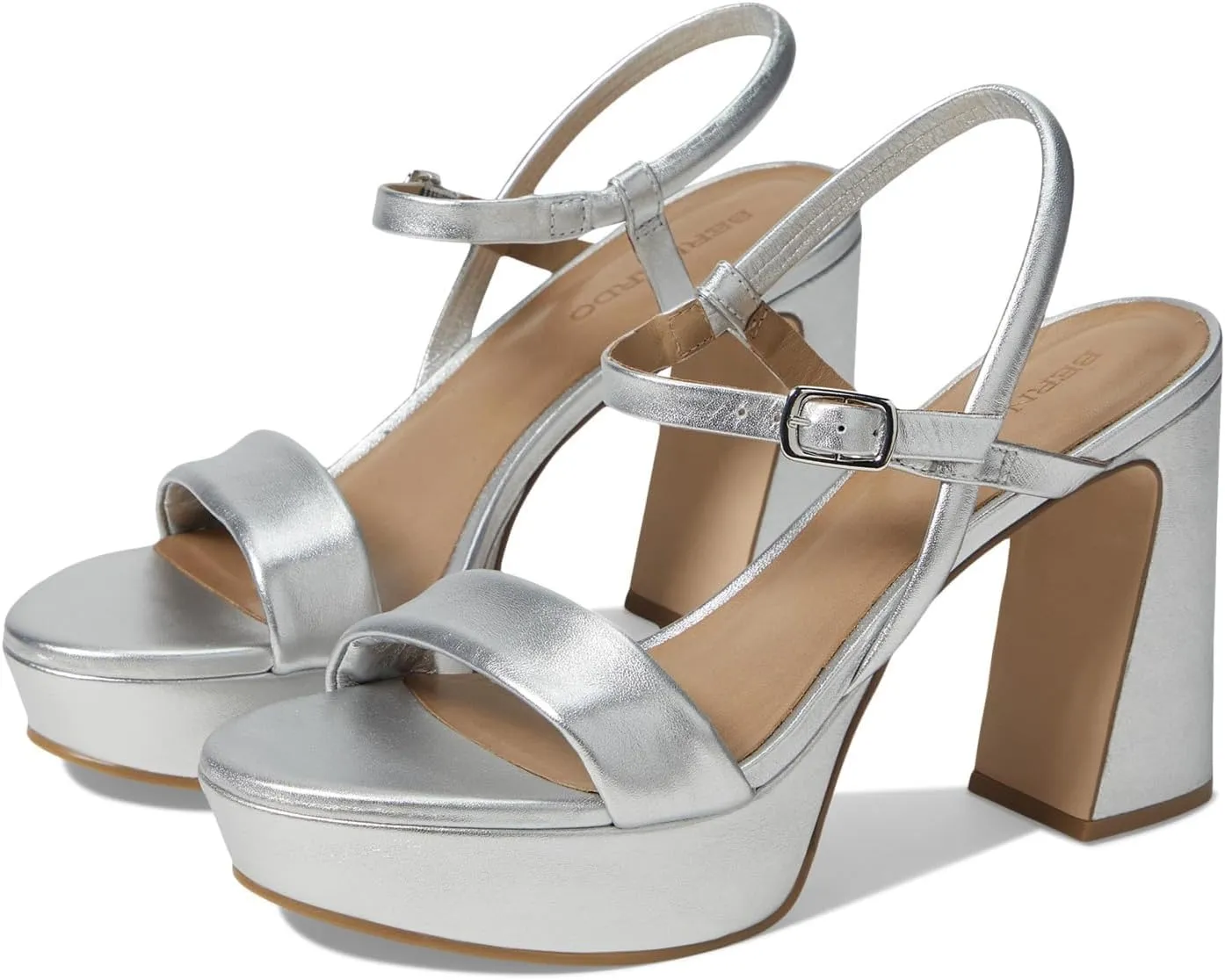 Bernardo® Ventura Heeled Sandals for Women – Leather Construction – Rubber Outsole – Ankle Buckle Closure Silver 6 M