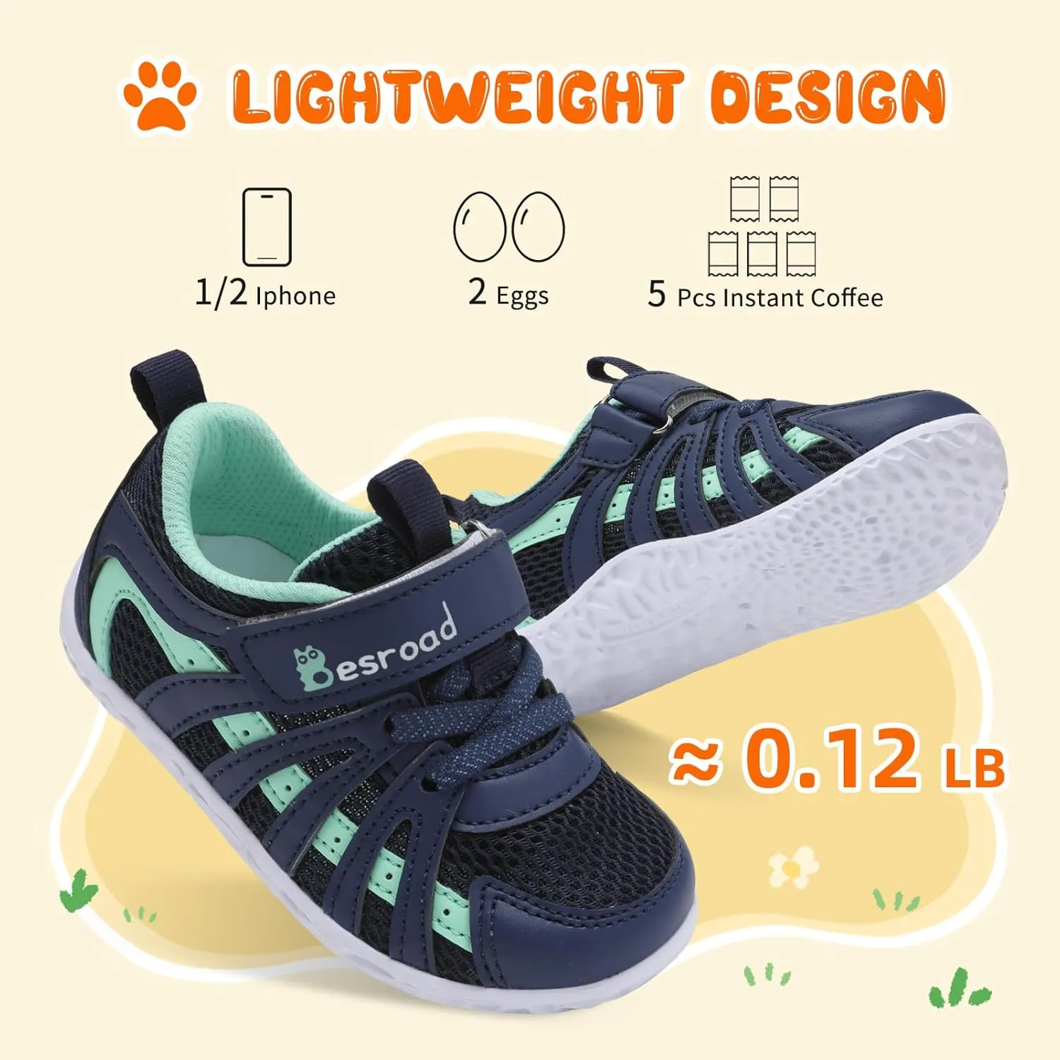 Besroad Toddler Shoes Boys Girls Barefoot Sneakers Kids Breathable Walking Shoes Lightweight Strap Non-Slip Sole Tennis Shoes