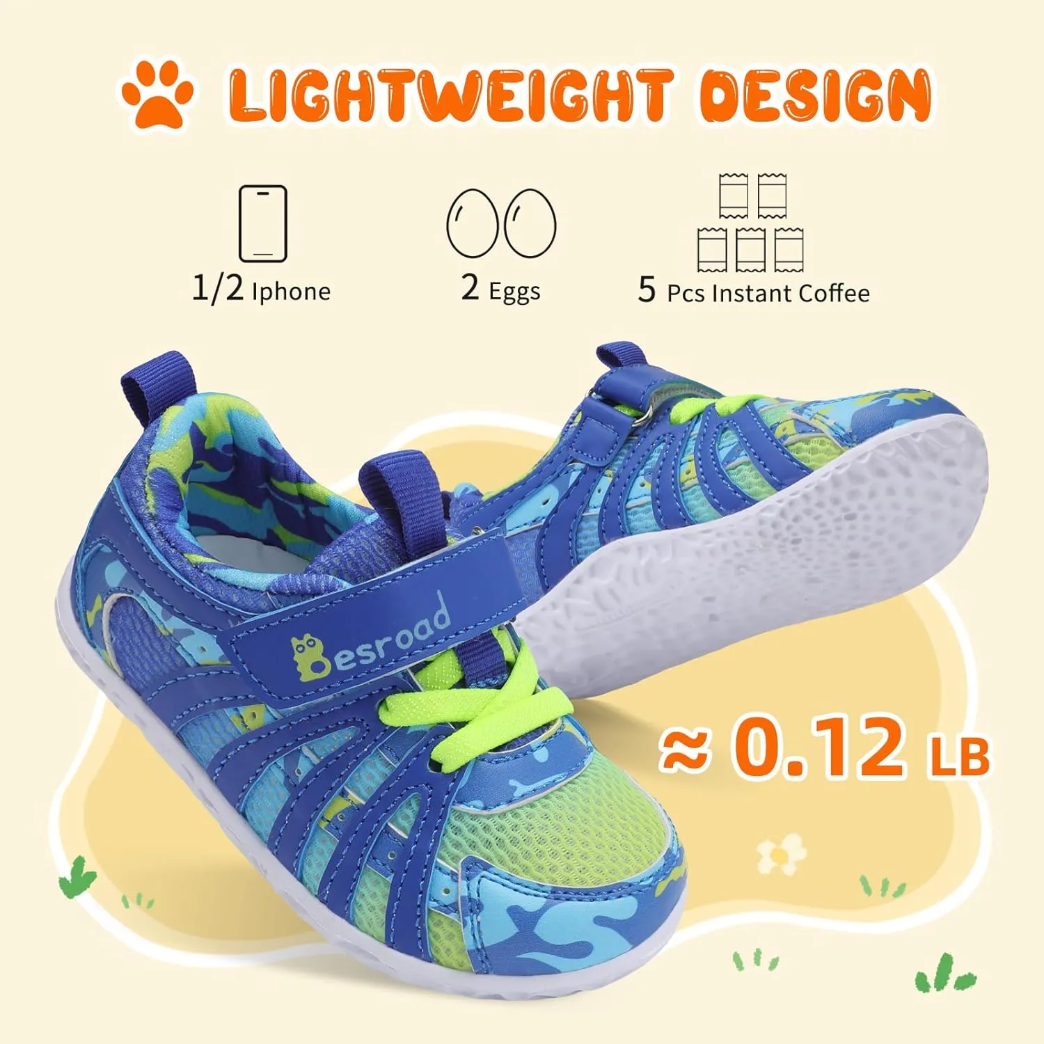 Besroad Toddler Shoes Boys Girls Barefoot Sneakers Kids Breathable Walking Shoes Lightweight Strap Non-Slip Sole Tennis Shoes