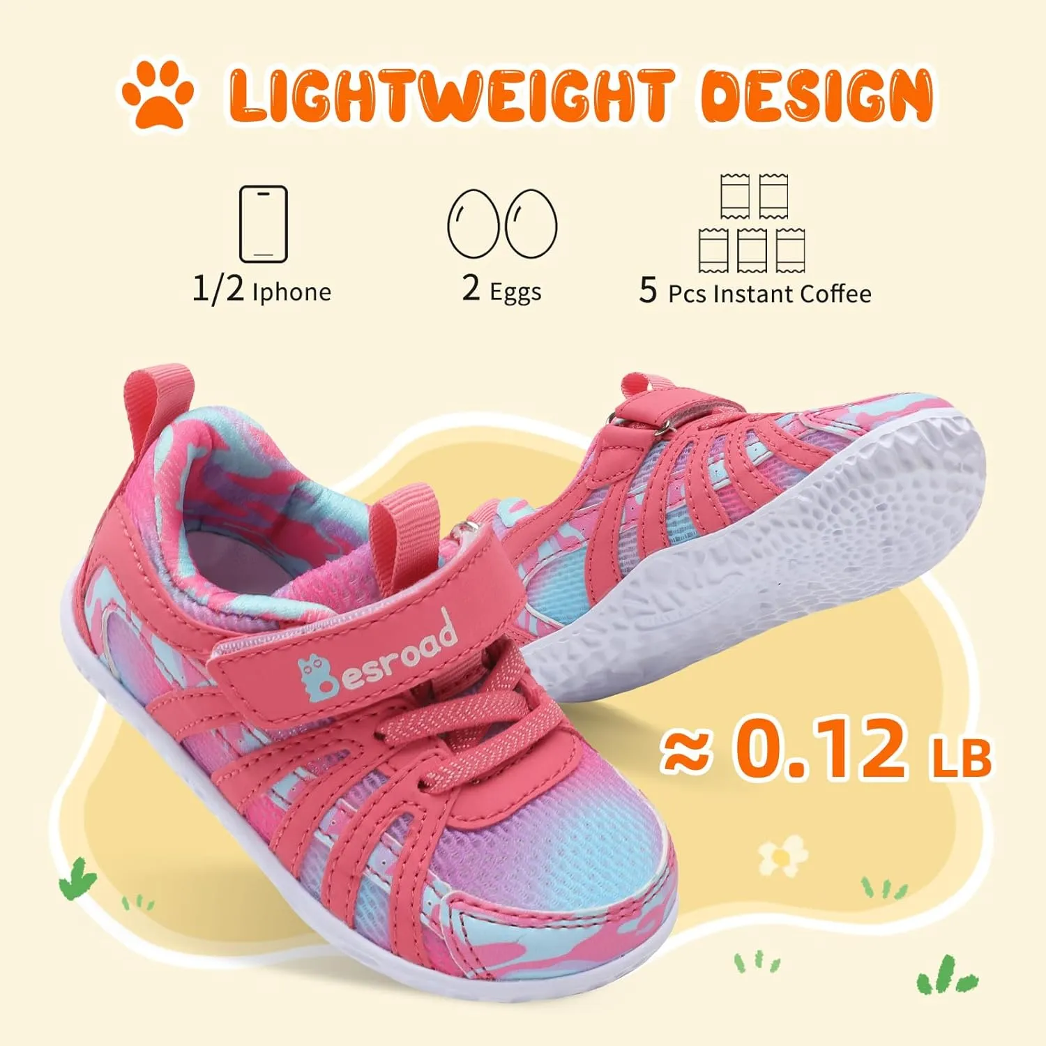 Besroad Toddler Shoes Boys Girls Barefoot Sneakers Kids Breathable Walking Shoes Lightweight Strap Non-Slip Sole Tennis Shoes