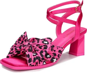 Bow Heels Sandals for Women Square Open Toe Satin Chunky Block Heel Ankle Strap Wedding Party Bowknot High Heels