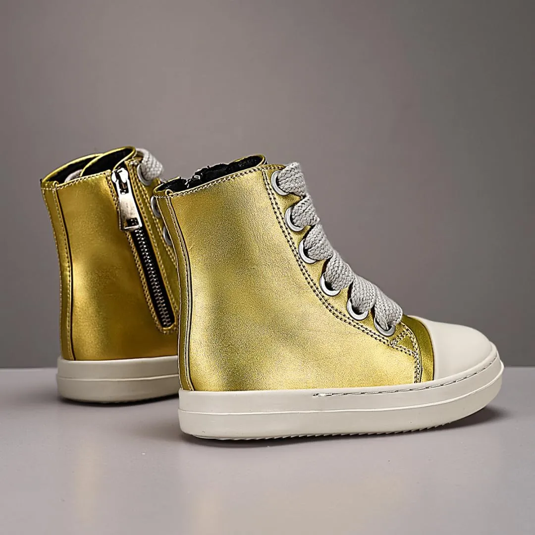 Boys Girls High Top Sneakers PU Leather Lace Up Platform Walking Shoes with Zipper