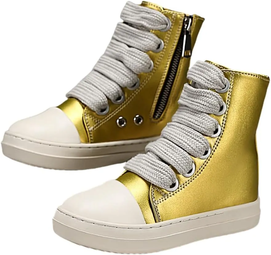 Boys Girls High Top Sneakers PU Leather Lace Up Platform Walking Shoes with Zipper