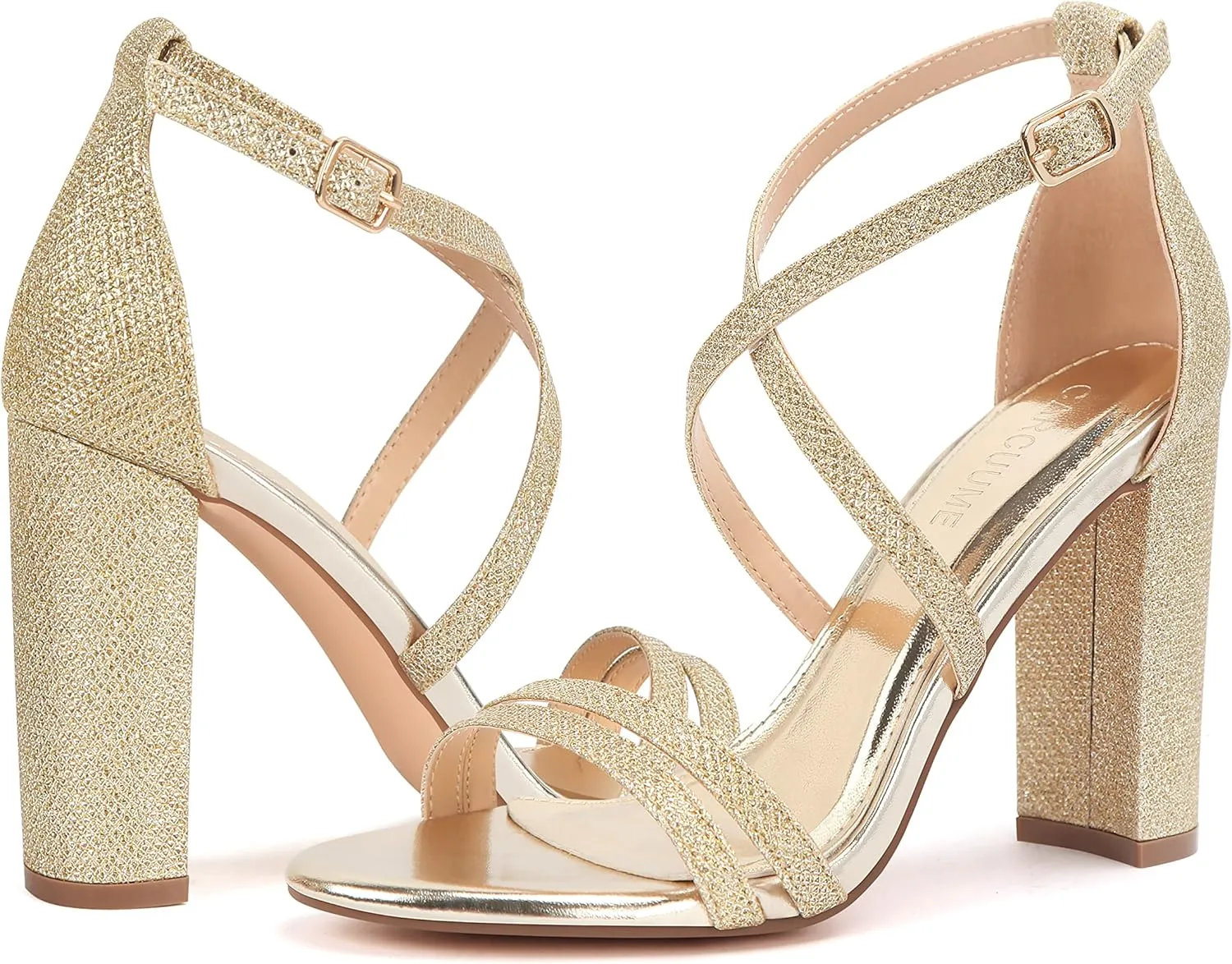 Carcuume Women's Strappy Heels 4-inch Chunky Block Heel Open Toe Ankle Strap Comfortable Party Wedding Shoes
