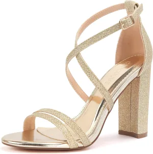 Carcuume Women's Strappy Heels 4-inch Chunky Block Heel Open Toe Ankle Strap Comfortable Party Wedding Shoes