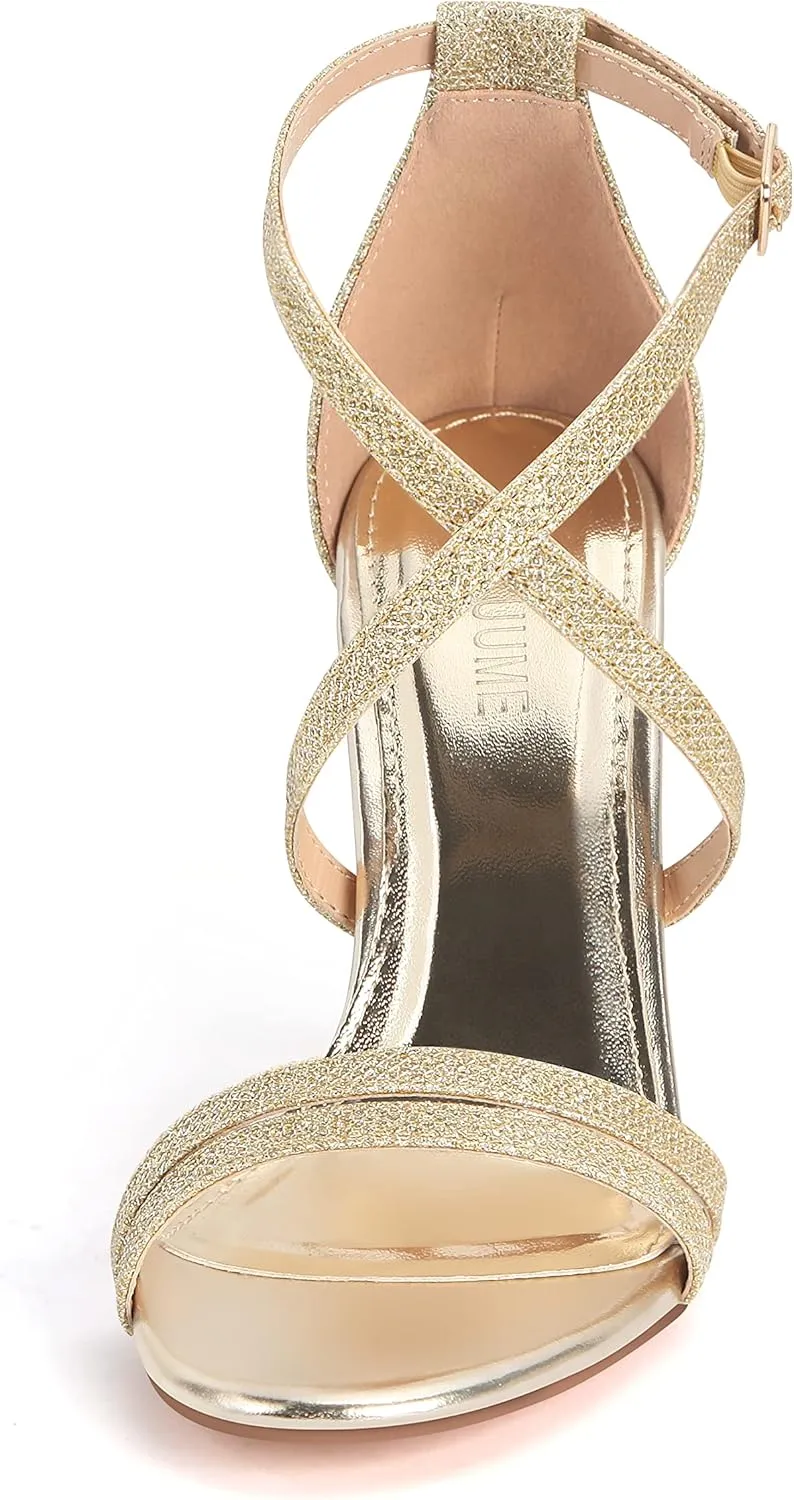 Carcuume Women's Strappy Heels 4-inch Chunky Block Heel Open Toe Ankle Strap Comfortable Party Wedding Shoes