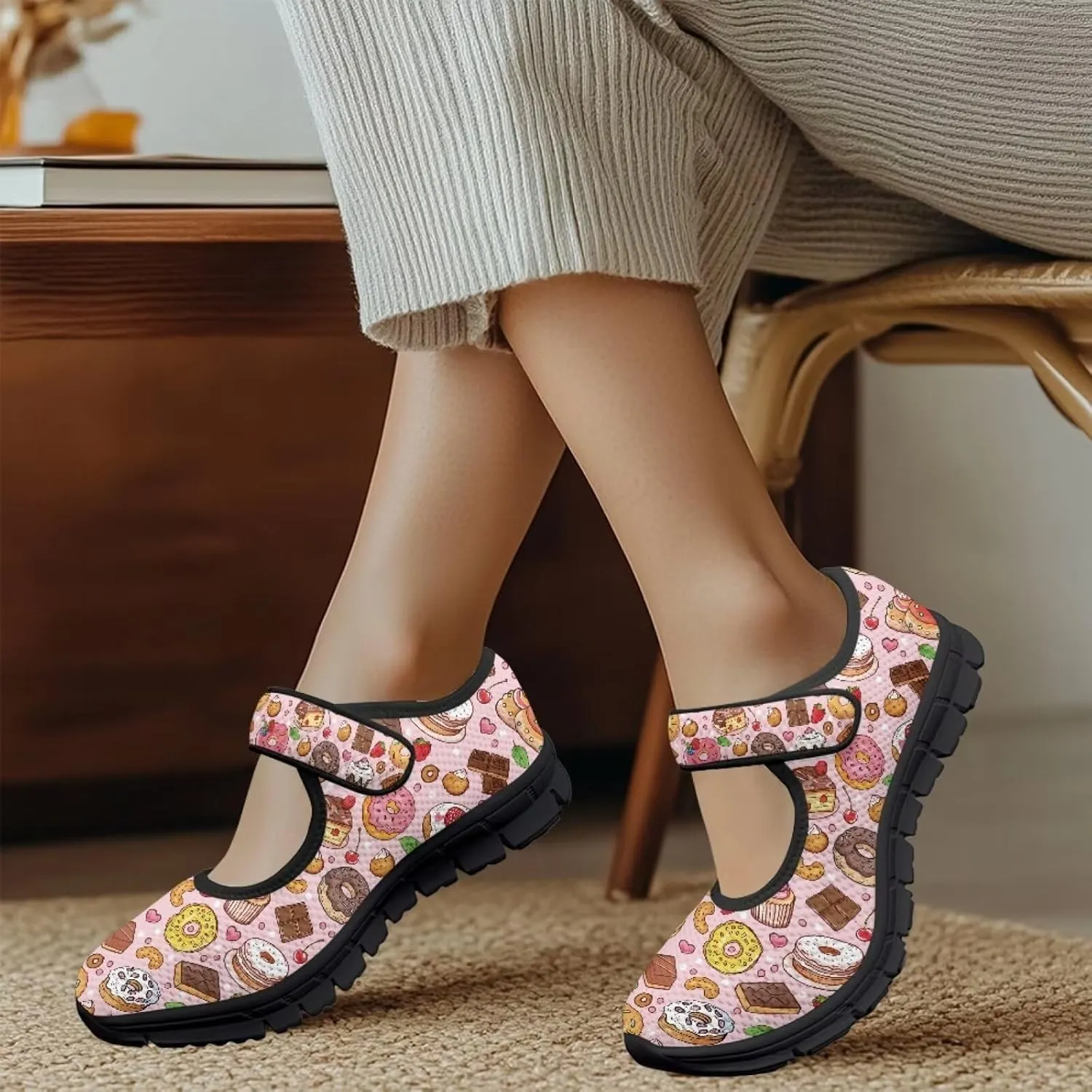 chaqlin Mary Jane Shoes Women Flats Food Print Tennis Mesh Shoe Non Slip Breathable Sneaker Wide Round Toe Comfy Walking Sneakers