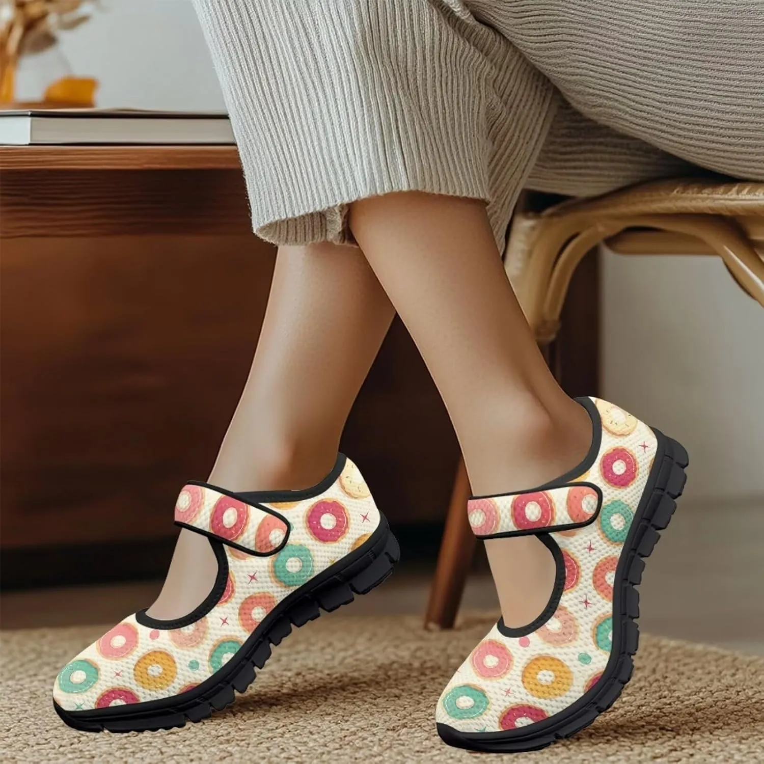 chaqlin Mary Jane Shoes Women Flats Food Print Tennis Mesh Shoe Non Slip Breathable Sneaker Wide Round Toe Comfy Walking Sneakers