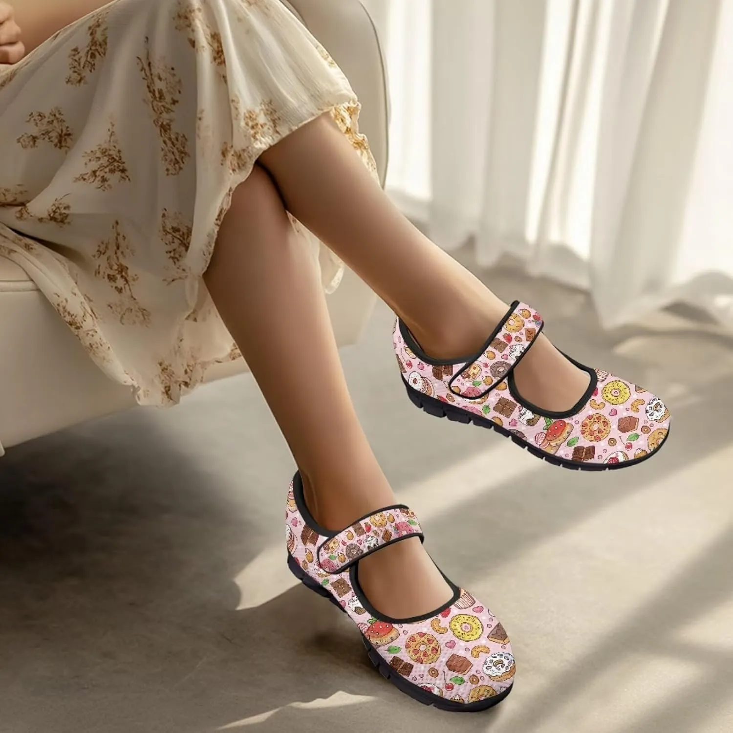 chaqlin Mary Jane Shoes Women Flats Food Print Tennis Mesh Shoe Non Slip Breathable Sneaker Wide Round Toe Comfy Walking Sneakers