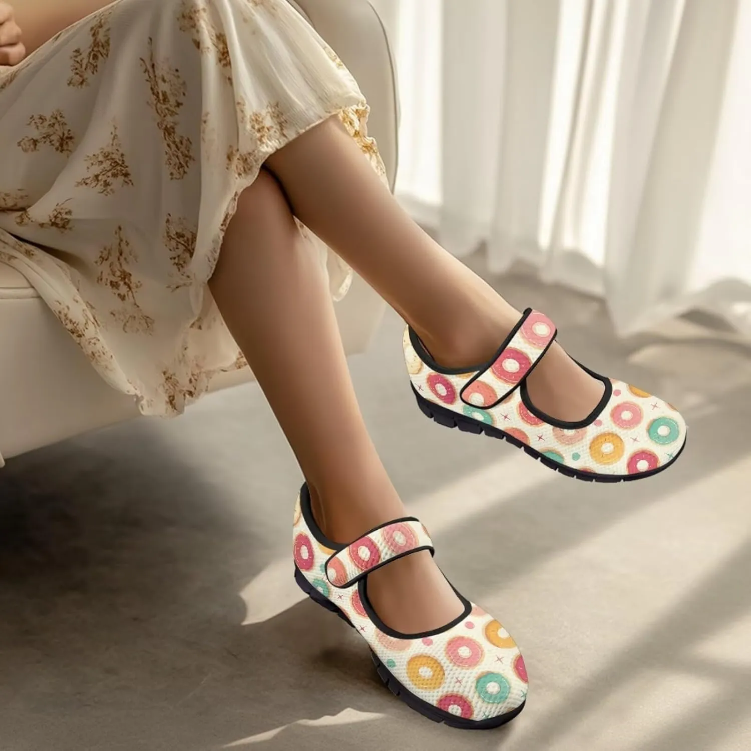 chaqlin Mary Jane Shoes Women Flats Food Print Tennis Mesh Shoe Non Slip Breathable Sneaker Wide Round Toe Comfy Walking Sneakers