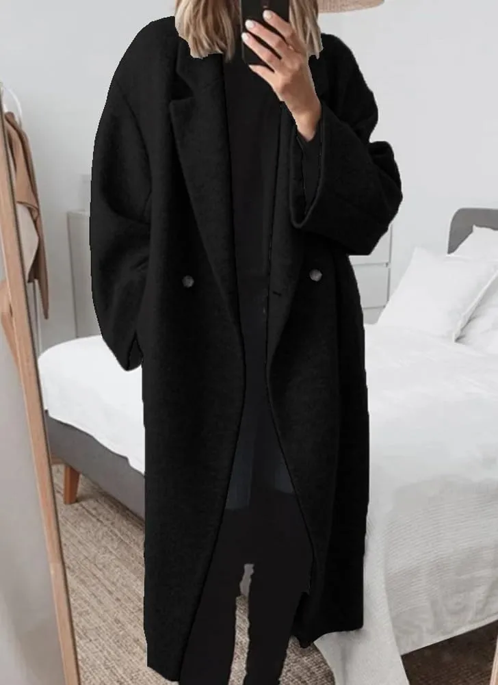 chouyatou Women's Winter Double Breasted Wool Coat Long Sleeve Notch Lapel Long Trench Coat