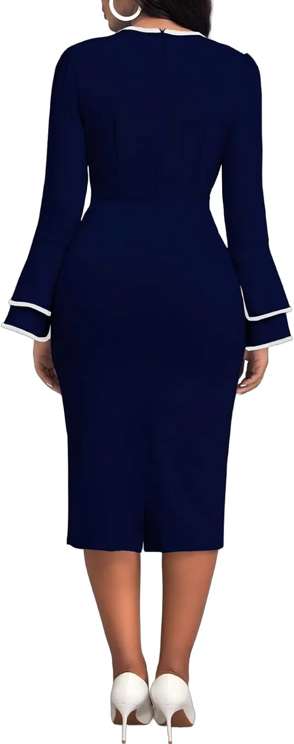 Church Dress for Women Flared Sleeve Midi Pencil Dress Elegant Teacher Office Business Wear to Work Dresses