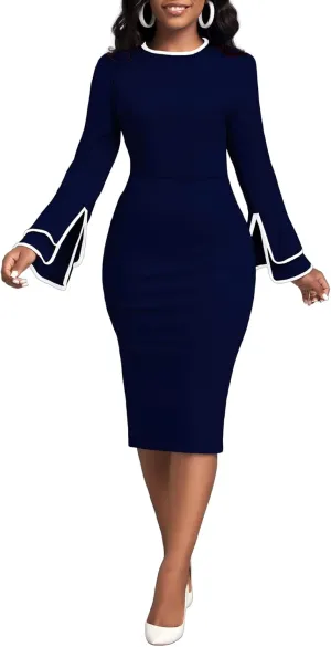 Church Dress for Women Flared Sleeve Midi Pencil Dress Elegant Teacher Office Business Wear to Work Dresses