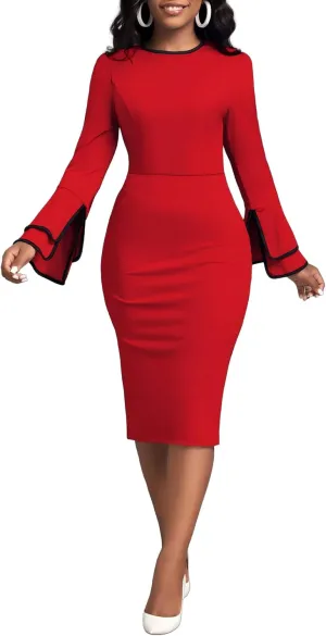 Church Dress for Women Flared Sleeve Midi Pencil Dress Elegant Teacher Office Business Wear to Work Dresses