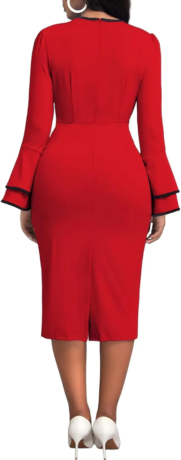 Church Dress for Women Flared Sleeve Midi Pencil Dress Elegant Teacher Office Business Wear to Work Dresses