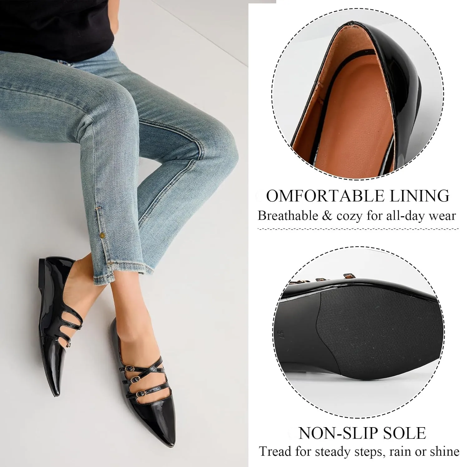 CouieCuies Women's Mary Jane Flats Ballet Shoes with Buckle Dressy Adjustable Strap Comfortable Mary Janes Pointed Toe Flats