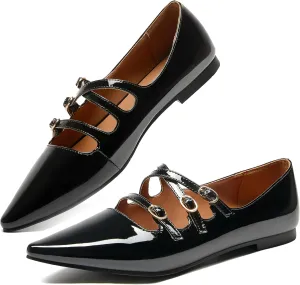 CouieCuies Women's Mary Jane Flats Ballet Shoes with Buckle Dressy Adjustable Strap Comfortable Mary Janes Pointed Toe Flats
