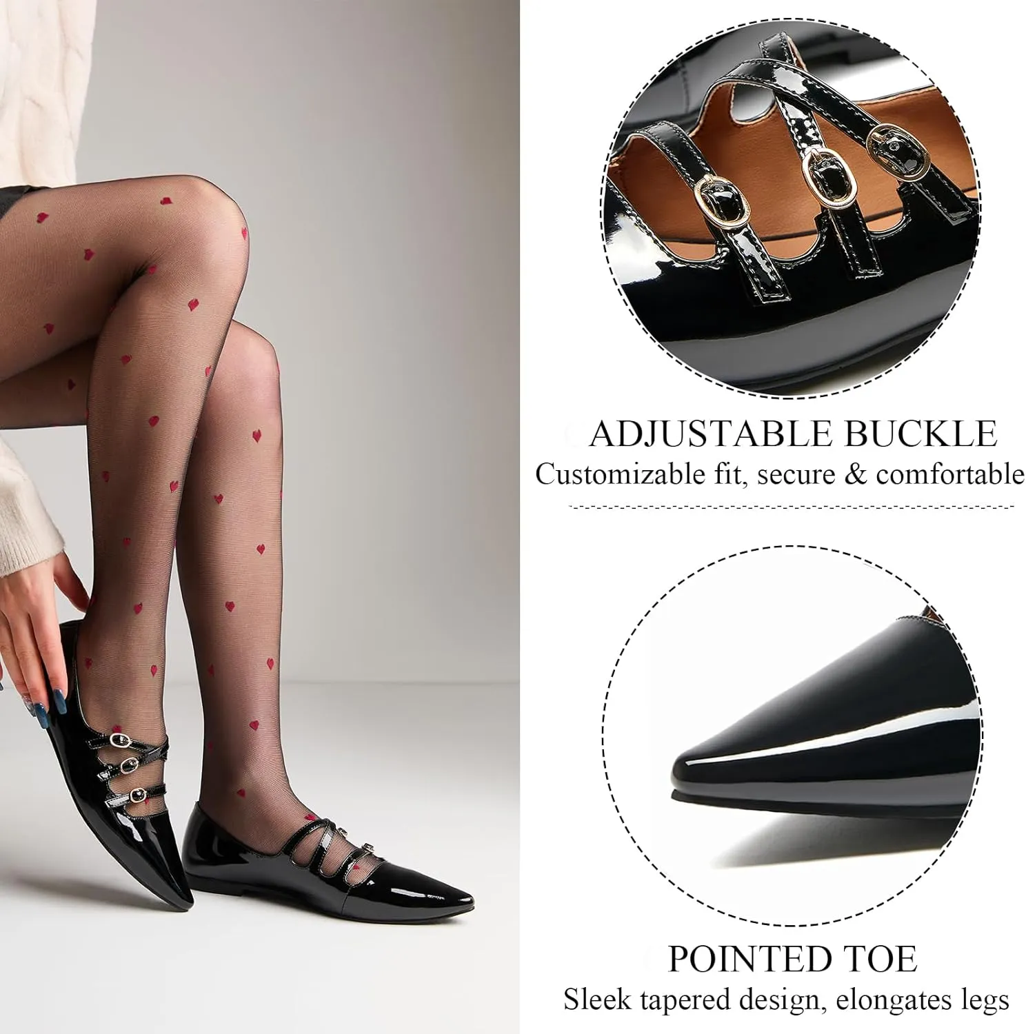 CouieCuies Women's Mary Jane Flats Ballet Shoes with Buckle Dressy Adjustable Strap Comfortable Mary Janes Pointed Toe Flats